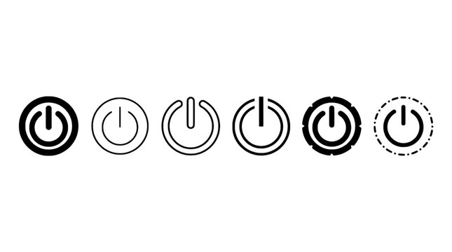 Buttons power icon set with various styles and designs featuring on, off, switch with electronic and device elements for control, interface projects,