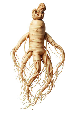 A fresh ginseng root with long thin roots isolated on a transparent background, healthy medicine roots