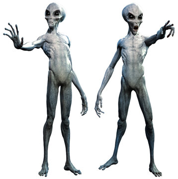 Grey aliens communicating 3D illustration