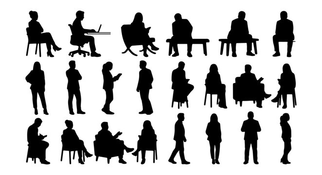 Solid Black Architecture People Silhouettes - Professional Sitting and Standing Figures for Interior Renderings and Section Drawings