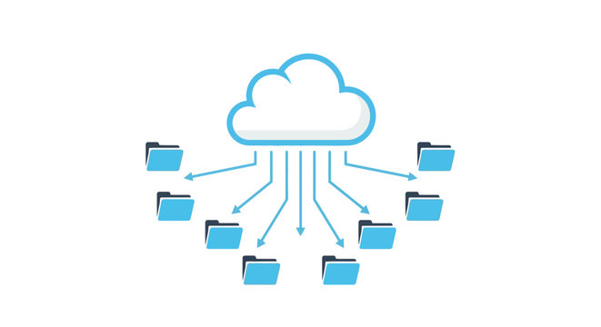 A digital cloud icon distributing data into multiple blue folders on white background