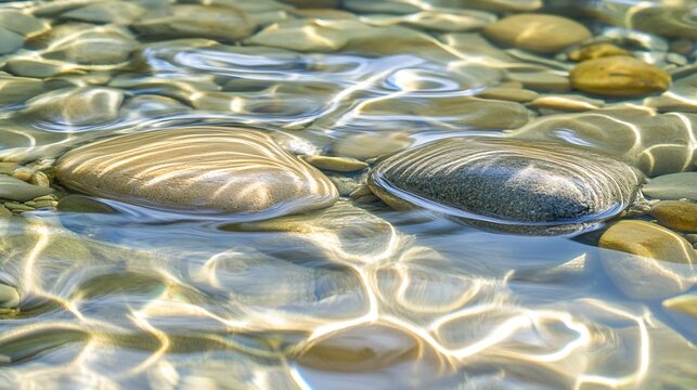spandrel. Two smooth river stones resting on a sandy stream bed, natural textures. travel magazines, destination branding, designed for travel destination branding, used by management consultants.