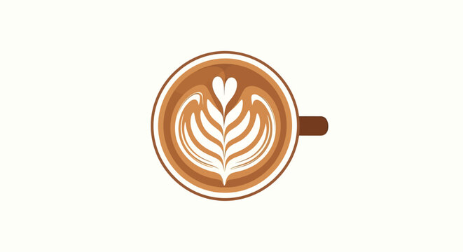 A top view of a ceramic cup filled with hot coffee featuring latte art design