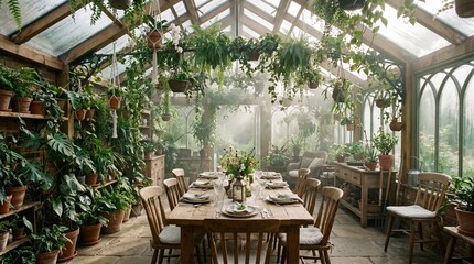 Fototapeta premium Vintage Botanical Conservatory Dining Space with Hanging Plants and Rustic Charm