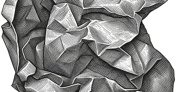 Monochrome illustration of severely crumpled paper, revealing intricate textures and dramatic shadows. An artistic study of imperfection and complex beauty in discarded forms