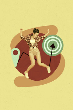 Vertical sketch 3d collage poster of happy businesswoman dance arrow pointer goal achievement target development geolocation