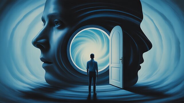 Surreal human mind concept with glowing doorway and silhouette figure