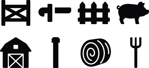 Set of farm icons with barn gate fence hay bale tractor pig and silo black simple vector symbols Vector © MstSabrina