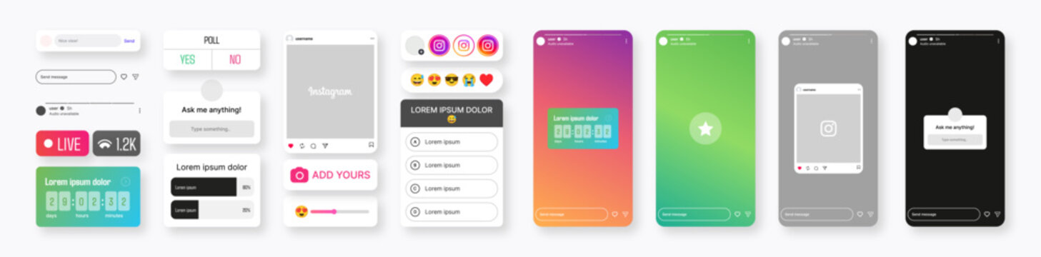 Instagram story mockup collection featuring poll story, question story, emoji slider, countdown, live story, add yours sticker, reaction story and social media social network story templates