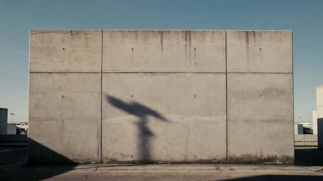 Gray concrete wall with moving light and shadow. Geometric architecture with sunlight movement. Minimalist urban structure outdoors for background and creative design.