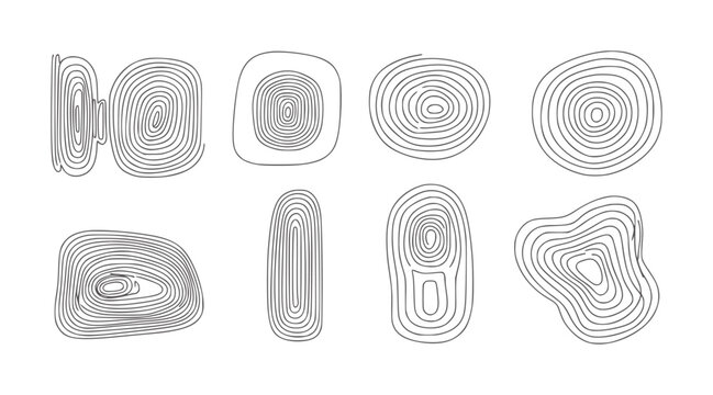 Collection of eight abstract organic shapes with concentric line patterns lines