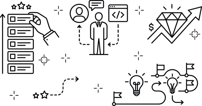 Product backlog prioritization developer workflow and project roadmap line icon set for agile business value growth strategy planning