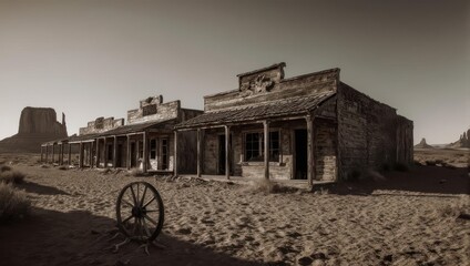 Obraz premium Old West Town Scene - Deserted Buildings and Wagon Wheel.