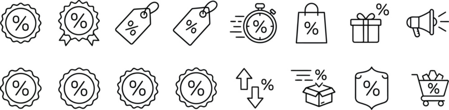 Set of percentage and discount icons with shopping and time symbols for sales and business Vector