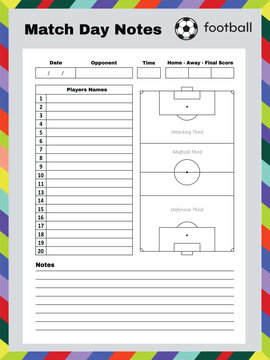 Match day notes sheet with football field diagram player roster area and score tracking for organized game day records.
