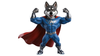 Muscular husky dog superhero flexing arms in blue suit and red cape © Michal