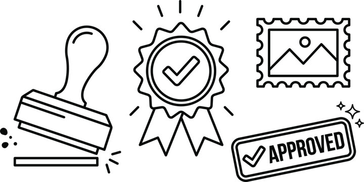 Quality guarantee certificate compliance seal and approved validation stamp abstract concept line icon set for official document clearance