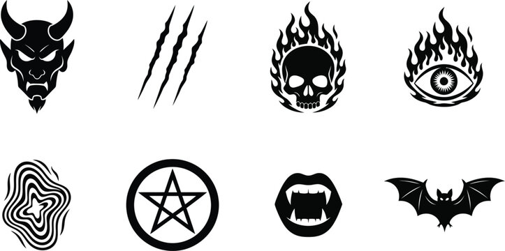 Set of eight black spooky halloween symbols including devil horn skull evil eye brain pentagram monster mouth and bat Vector