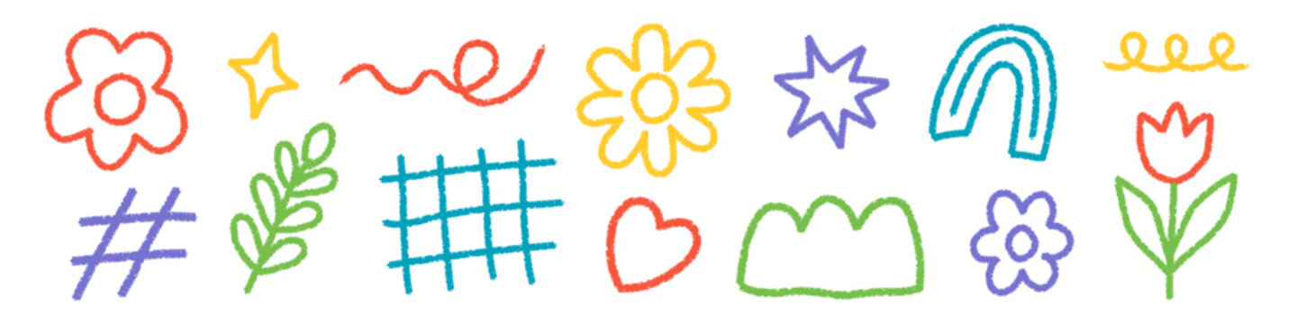 Collection of funky scribble crayon, playful naive vector set shapes -doodle charcoal geometric, hearts, flowers, naive lines, primitive figures. Abstract doodle objects and hand-drawn pencil shapes.
