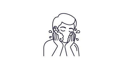 Man Washing Face, Skincare Routine, Cleansing, Water Splashing, Hygiene Line Art Icon © abc