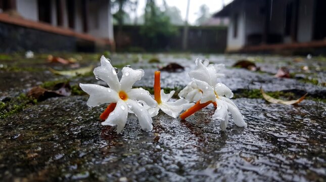Fresh Parijat Flowers Coral Jasmine Pavizhamalli with Water Droplets on Wet Mossy Stone Ground During Monsoon Rain, Traditional Heritage House Courtyard Background