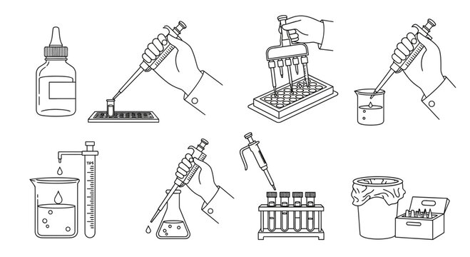 Laboratory equipment and procedures, scientific research, pipetting, measuring, mixing liquids