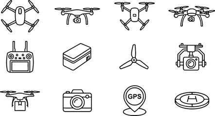 Fototapeta premium Set of flying drones and robot devices icons for technology and remote control Vector