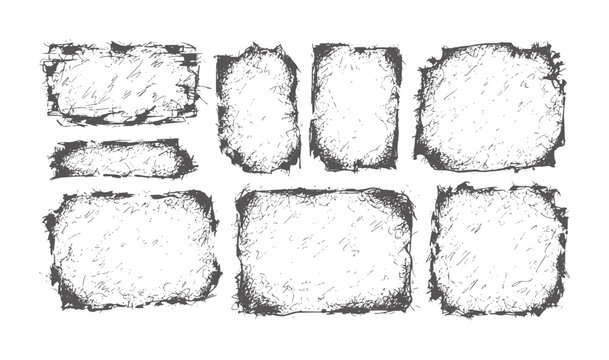 Collection of rough textured hand drawn rectangular and square frames border grunge