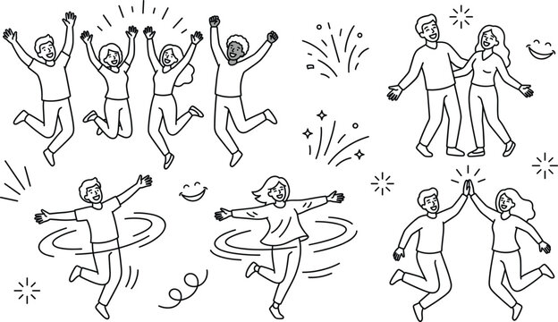 Happy people jumping and celebrating line art vector icon set with high five group celebration graphic designs