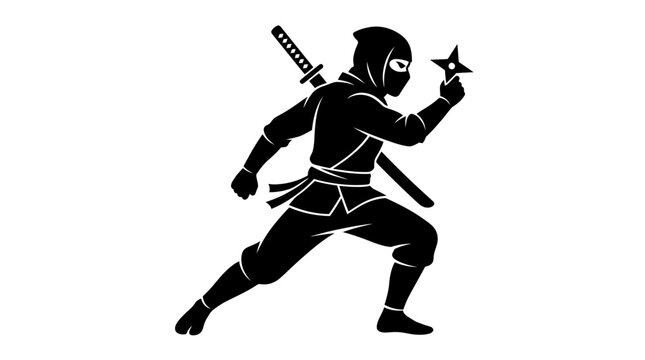 Silhouette of a ninja warrior in action holding a shuriken.
