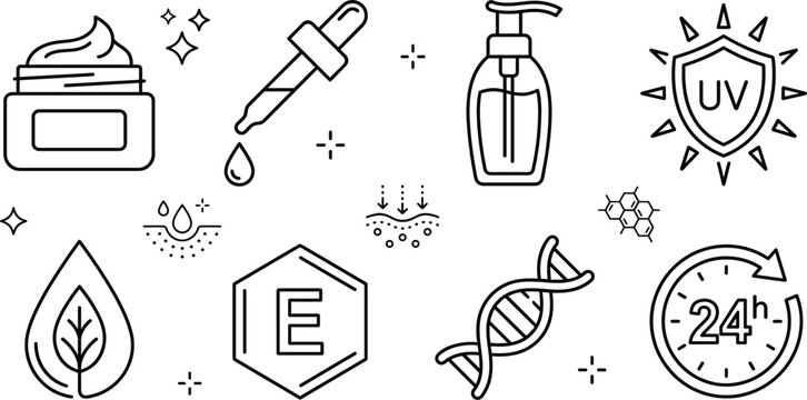 Skincare cosmetics beauty products icon set vector illustration with cream dropper bottle serum uv sun protection and dna strand