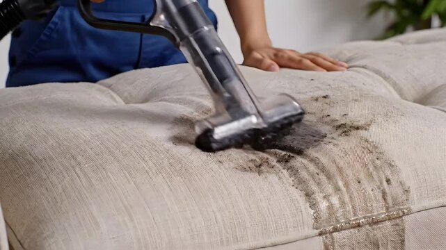 Close-up of professional upholstery cleaning using a wet vacuum extractor on a heavily soiled beige fabric sofa, shot under bright soft lighting