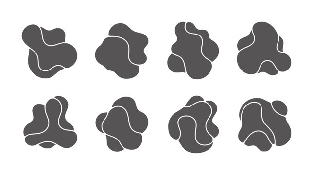 Eight dark grey abstract organic shapes with white outlines white