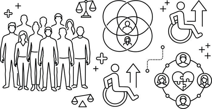 Social diversity equity inclusion accessibility concept vector illustration with wheelchair icon scale of justice group crowd and heart