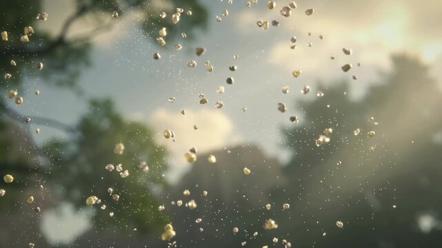 Small stones floating in the air against a blurred nature background. Particles levitating in light. Floating debris in a garden setting, magical motion effect.