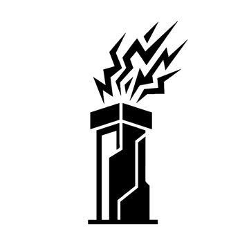 Black and white vector icon of a stylized industrial chimney emitting jagged lightning bolts representing energy or pollution