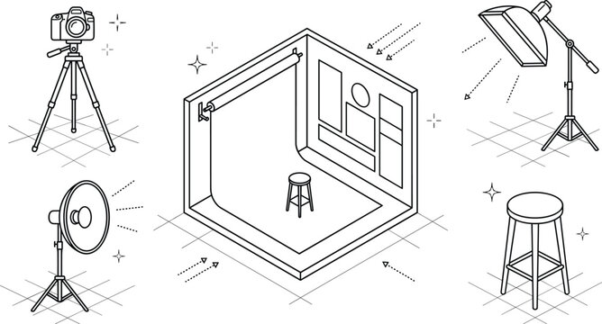 Isometric photography studio interior equipment vector icon set with camera tripod softbox lighting setup and stool designs