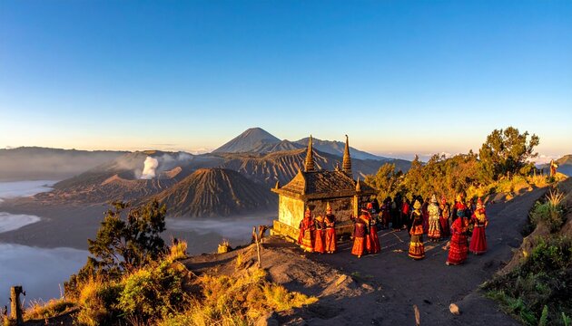 Sunrise Ritual on Mount Bromo: A spiritual ceremony unfolds at dawn atop Mount Bromo, Indonesia, as robed figures gather around a temple against a breathtaking volcanic landscape.