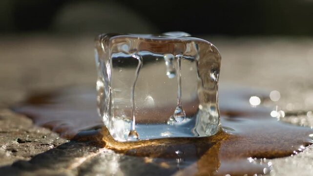 Transparent ice cube resting on a textured surface while melting. Clear ice block losing solid form into liquid puddle. Macro view of warming frozen water state.