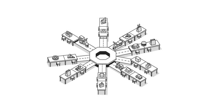 A top view of a radial industrial assembly line with various small objects on tables