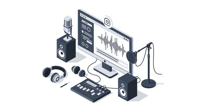 An isometric illustration of a professional digital audio recording studio setup