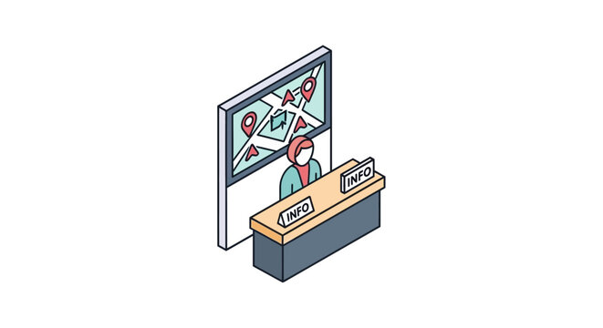 An isometric illustration of a helpful information desk with a digital map display