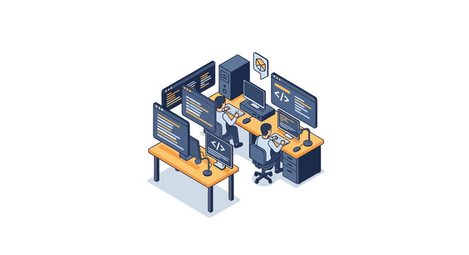 Two software developers working on computer code in a modern isometric office space