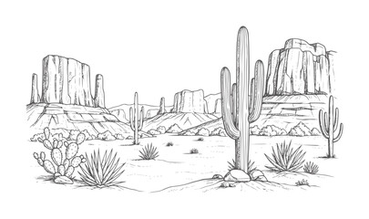 Hand drawn desert landscape with saguaro cacti and mesas cactus © Mahin