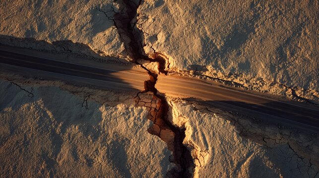 dislocation. Aerial view of a cracked desert highway with severe lateral dislocation. travel magazines, destination branding, designed for outdoor magazines and nature guides.