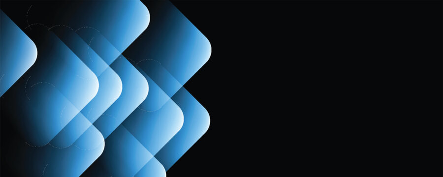 Abstract dark background with glowing cyan and blue rounded square geometric shapes. Modern futuristic design featuring overlapping transparent layers and light effects on a black backdrop.