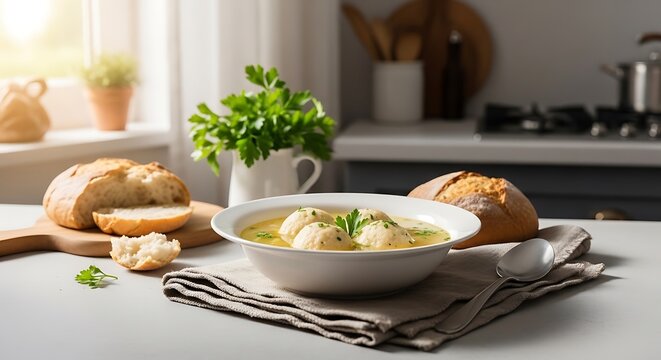A warm and comforting bowl of chicken soup with matzo balls served in a cozy kitchen setting with fresh crusty bread and parsley on a rustic tabletop