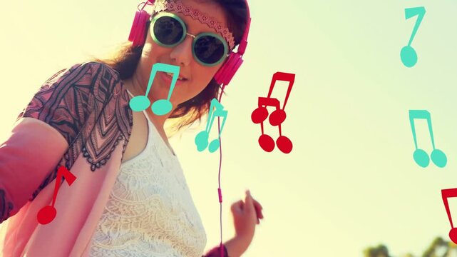 Teen girl listening to music on pink headphones, moving to rhythm as animated notes floating around