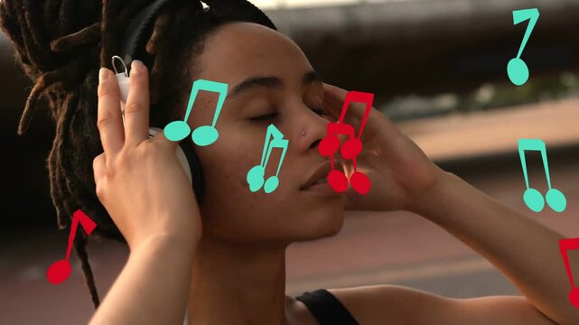 Woman lifting hands placing over-ear phones plaza animated notes across face getting lost in music