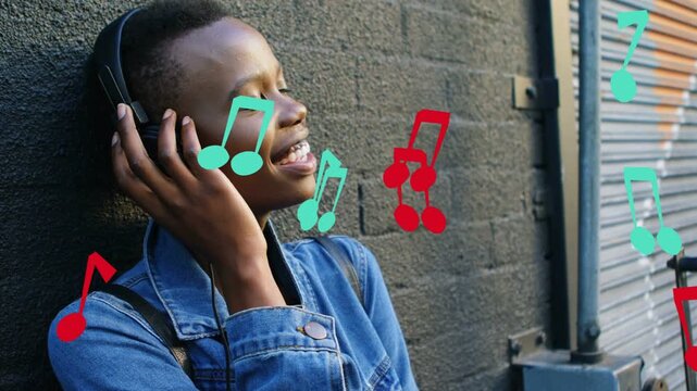 Music playing woman leaning wall holding headphones and singing along notes floating around her